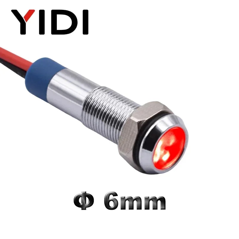 YIDI 6mm LED Metal Indicator Light Flat Head Wire Leading Pilot Lamp, 12V 24V 220V AC DC Red Green Blue Amber White Signal Light