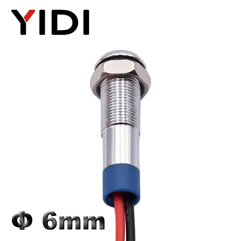 YIDI 6mm LED Metal Indicator Light Flat Head Wire Leading Pilot Lamp, 12V 24V 220V AC DC Red Green Blue Amber White Signal Light