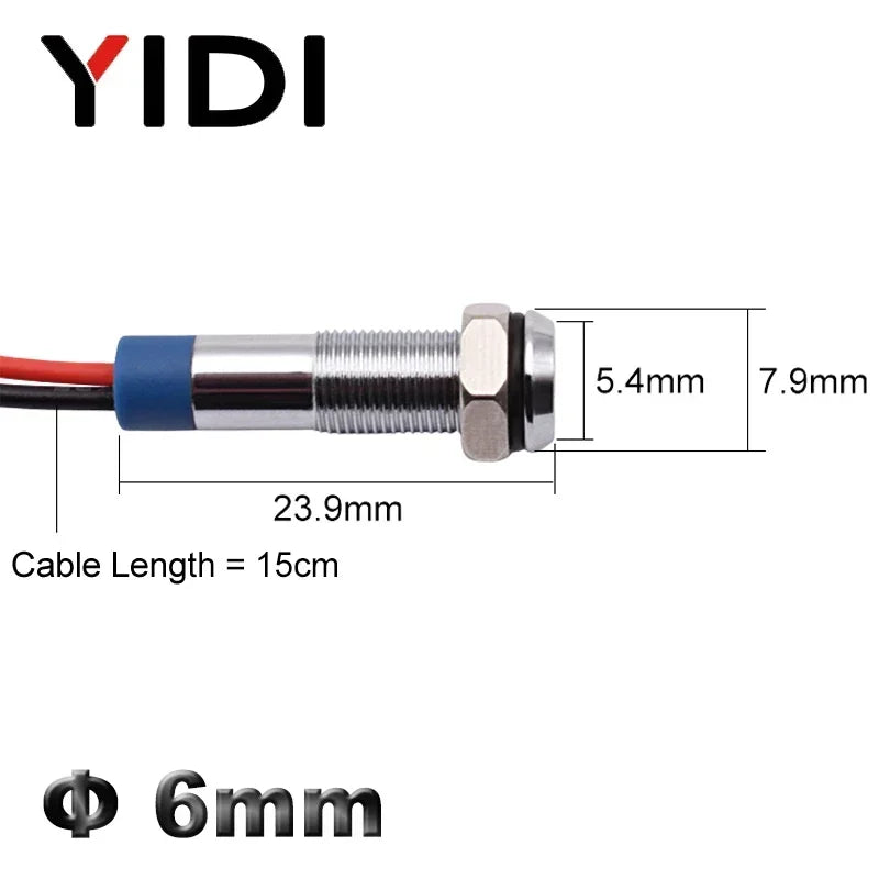 YIDI 6mm LED Metal Indicator Light Flat Head Wire Leading Pilot Lamp, 12V 24V 220V AC DC Red Green Blue Amber White Signal Light