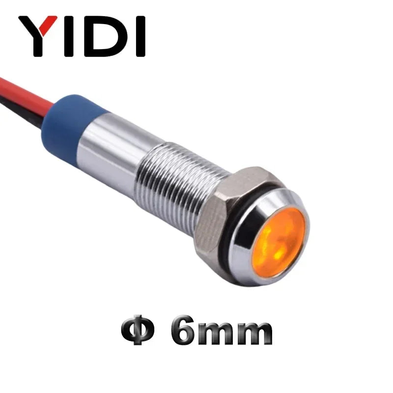 YIDI 6mm LED Metal Indicator Light Flat Head Wire Leading Pilot Lamp, 12V 24V 220V AC DC Red Green Blue Amber White Signal Light