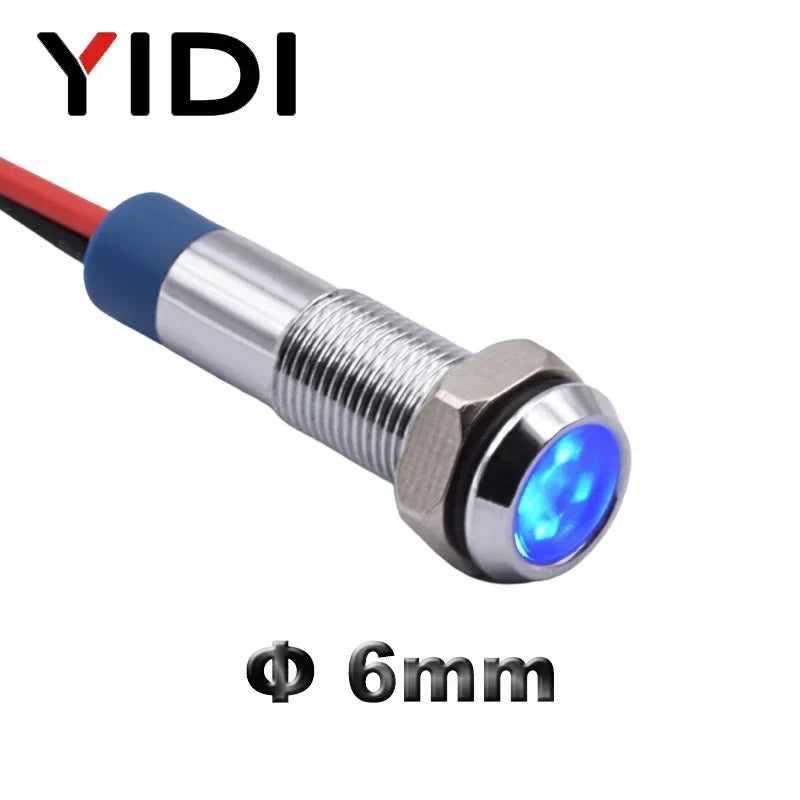 YIDI 6mm LED Metal Indicator Light Flat Head Wire Leading Pilot Lamp, 12V 24V 220V AC DC Red Green Blue Amber White Signal Light