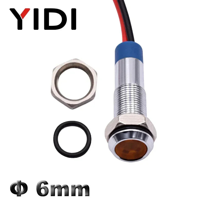 YIDI 6mm LED Metal Indicator Light Flat Head Wire Leading Pilot Lamp, 12V 24V 220V AC DC Red Green Blue Amber White Signal Light