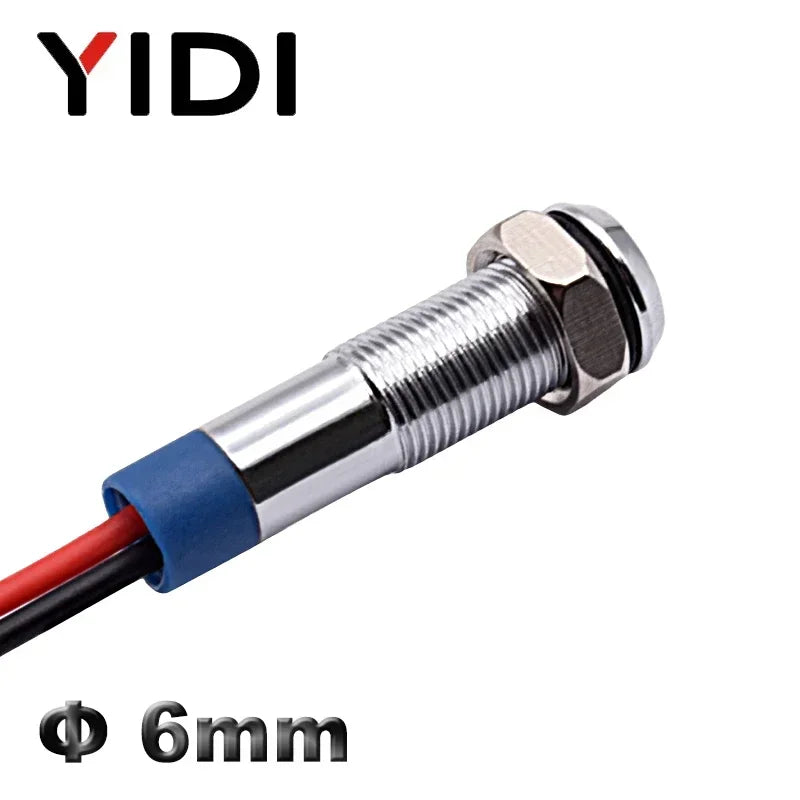 YIDI 6mm LED Metal Indicator Light Flat Head Wire Leading Pilot Lamp, 12V 24V 220V AC DC Red Green Blue Amber White Signal Light