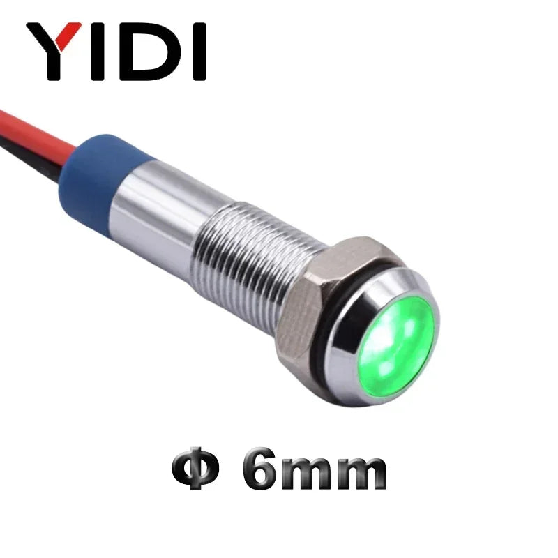 YIDI 6mm LED Metal Indicator Light Flat Head Wire Leading Pilot Lamp, 12V 24V 220V AC DC Red Green Blue Amber White Signal Light