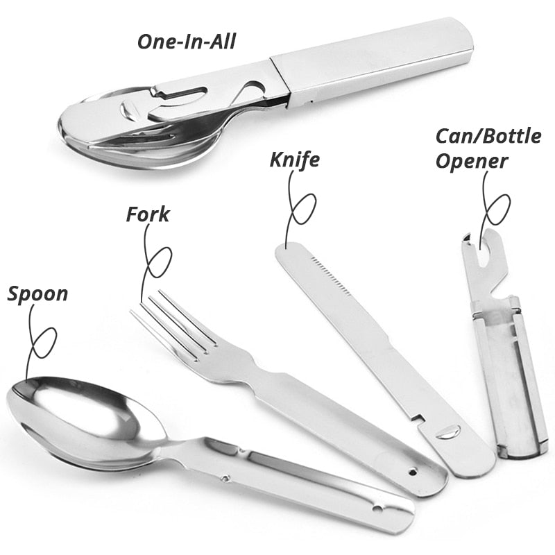 Portable Stainless Steel 4-in-1 Camping Spoon, Fork, Knife and Can/Bottle Opener, Military Camping Utensils