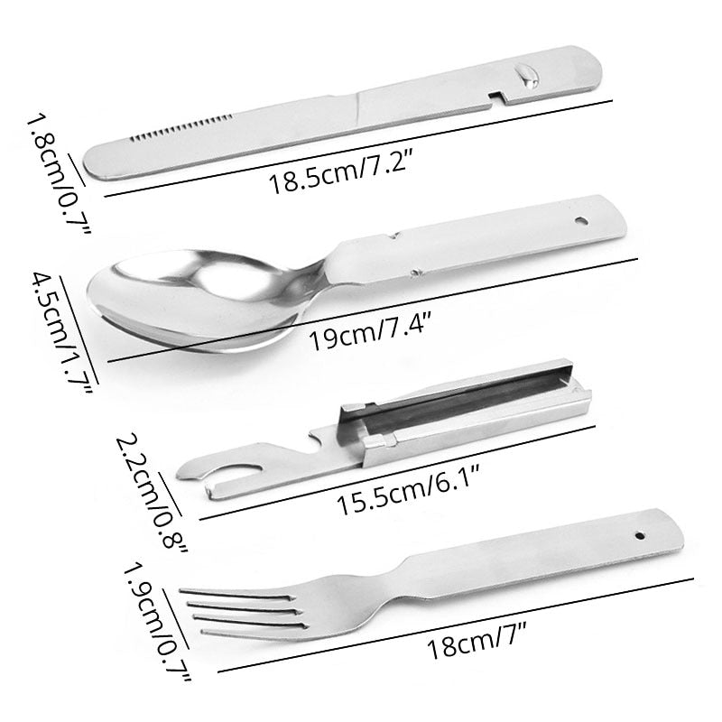 Portable Stainless Steel 4-in-1 Camping Spoon, Fork, Knife and Can/Bottle Opener, Military Camping Utensils