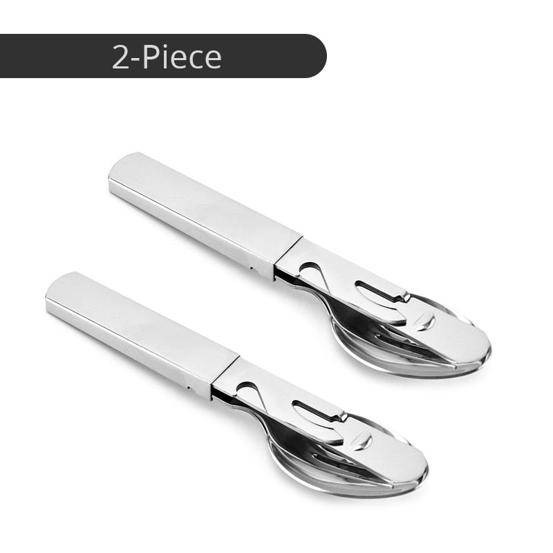Portable Stainless Steel 4-in-1 Camping Spoon, Fork, Knife and Can/Bottle Opener, Military Camping Utensils