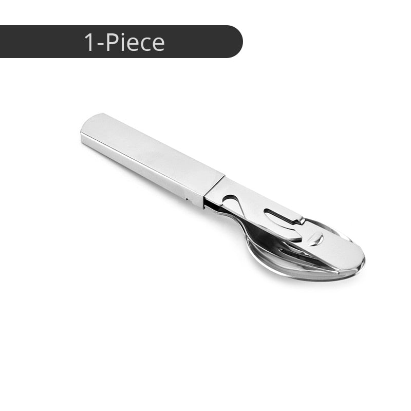 Portable Stainless Steel 4-in-1 Camping Spoon, Fork, Knife and Can/Bottle Opener, Military Camping Utensils