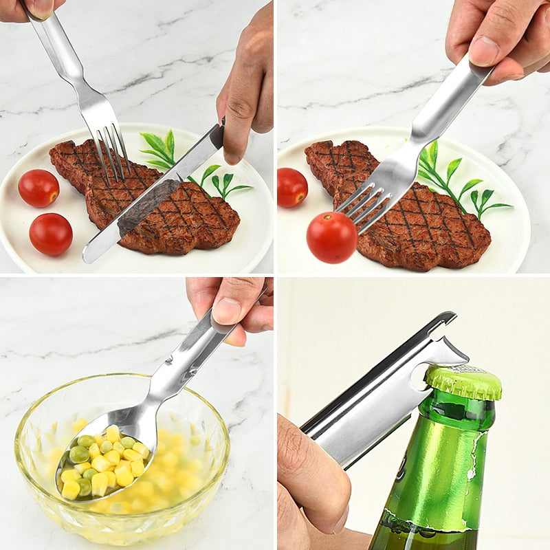 Portable Stainless Steel 4-in-1 Camping Spoon, Fork, Knife and Can/Bottle Opener, Military Camping Utensils