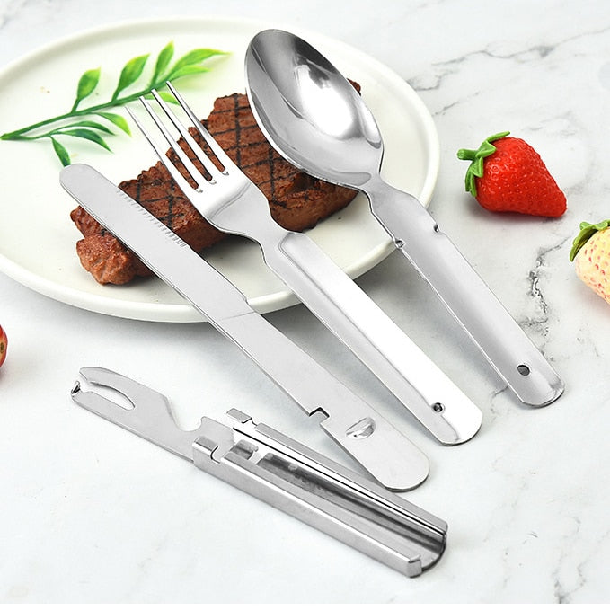 Portable Stainless Steel 4-in-1 Camping Spoon, Fork, Knife and Can/Bottle Opener, Military Camping Utensils