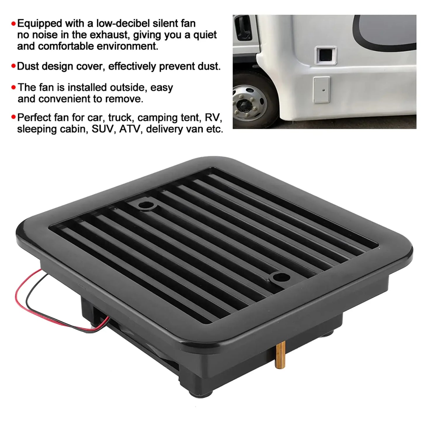 RV Side Vent Fan, 12/24V Vent Fan One-Way Silent Wind Air Vent Ventilation Exhaust Fan for Caravan, Motorhome, Camper, White