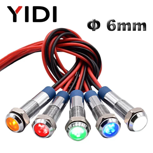 YIDI 6mm LED Metal Indicator Light Flat Head Wire Leading Pilot Lamp, 12V 24V 220V AC DC Red Green Blue Amber White Signal Light