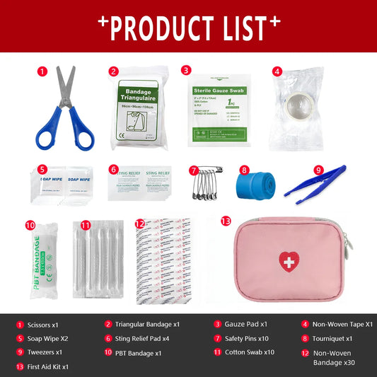 64pcs Mini Emergency Household First Aid Bag Travel Camping Car Outdoor Rescue Survival Kit Portable Case Storage