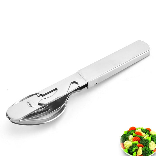 Portable Stainless Steel 4-in-1 Camping Spoon, Fork, Knife and Can/Bottle Opener, Military Camping Utensils