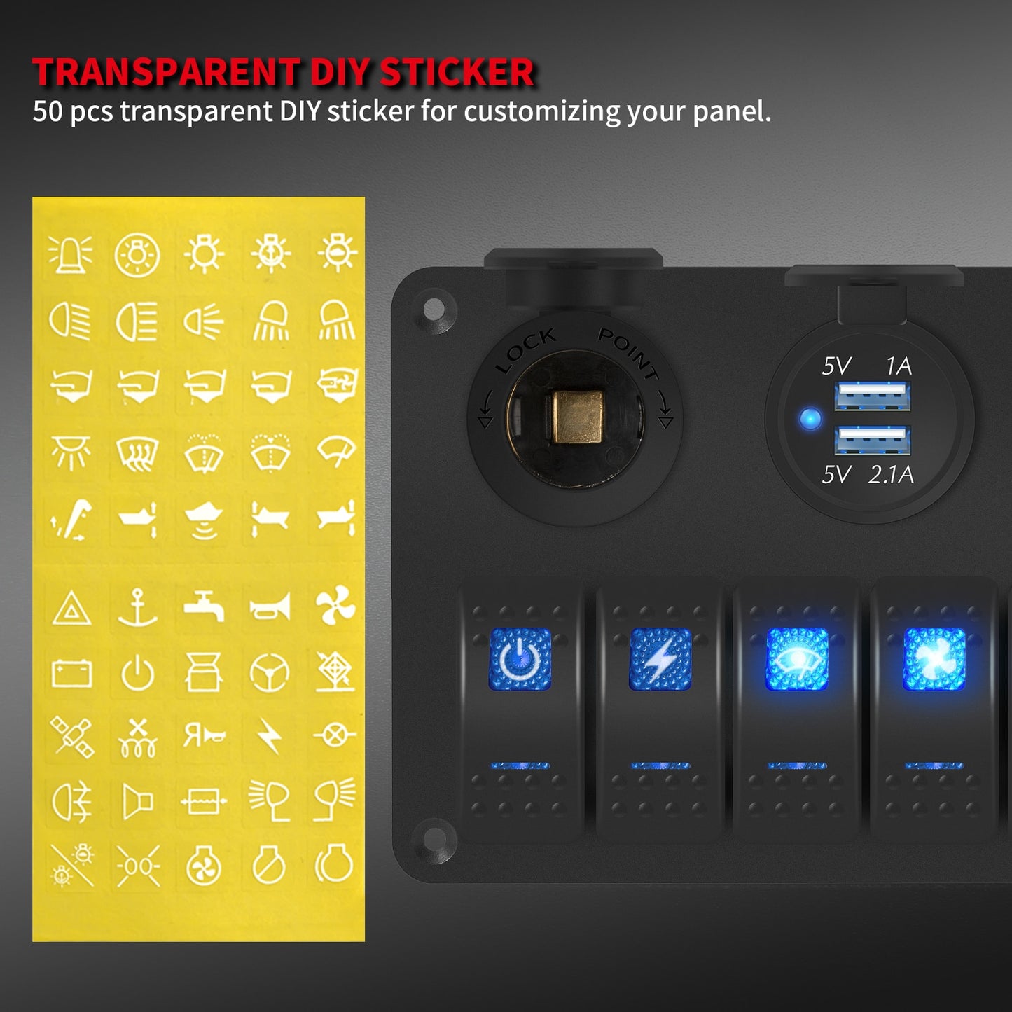 RV Waterproof Switch Panel 6 Gang 12V Rocker Switch Panel Car with USB Cigarette Lighter Socket Voltmeter For Marine Boat Truck